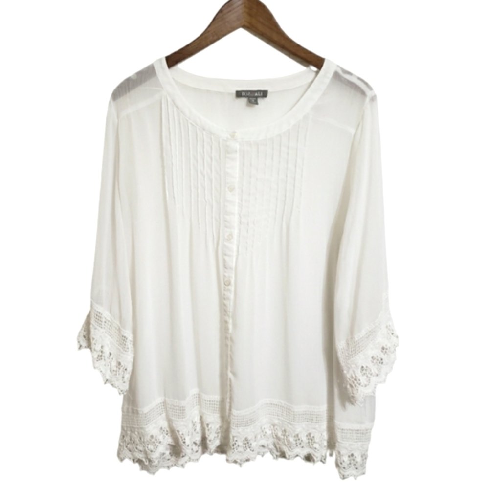 Roz & Ali White Button Front Blouse Shirt Crochet Sleeves and Hem Women's 1X